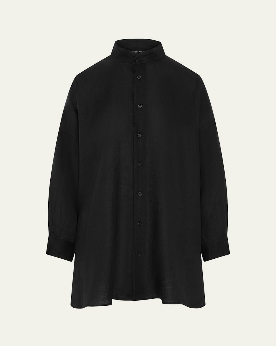 Wide A-Line Collarless Shirt with Slits (Long Plus)